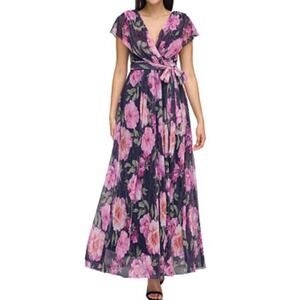Eliza J Dress draped shoulder metallic floral pleated gown size 2 DEFECT